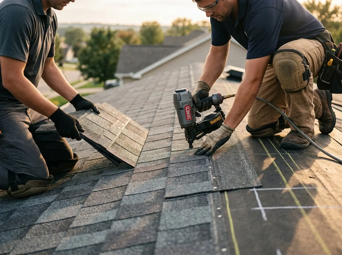 Professional roofer working on a residential roof in Hudsonville